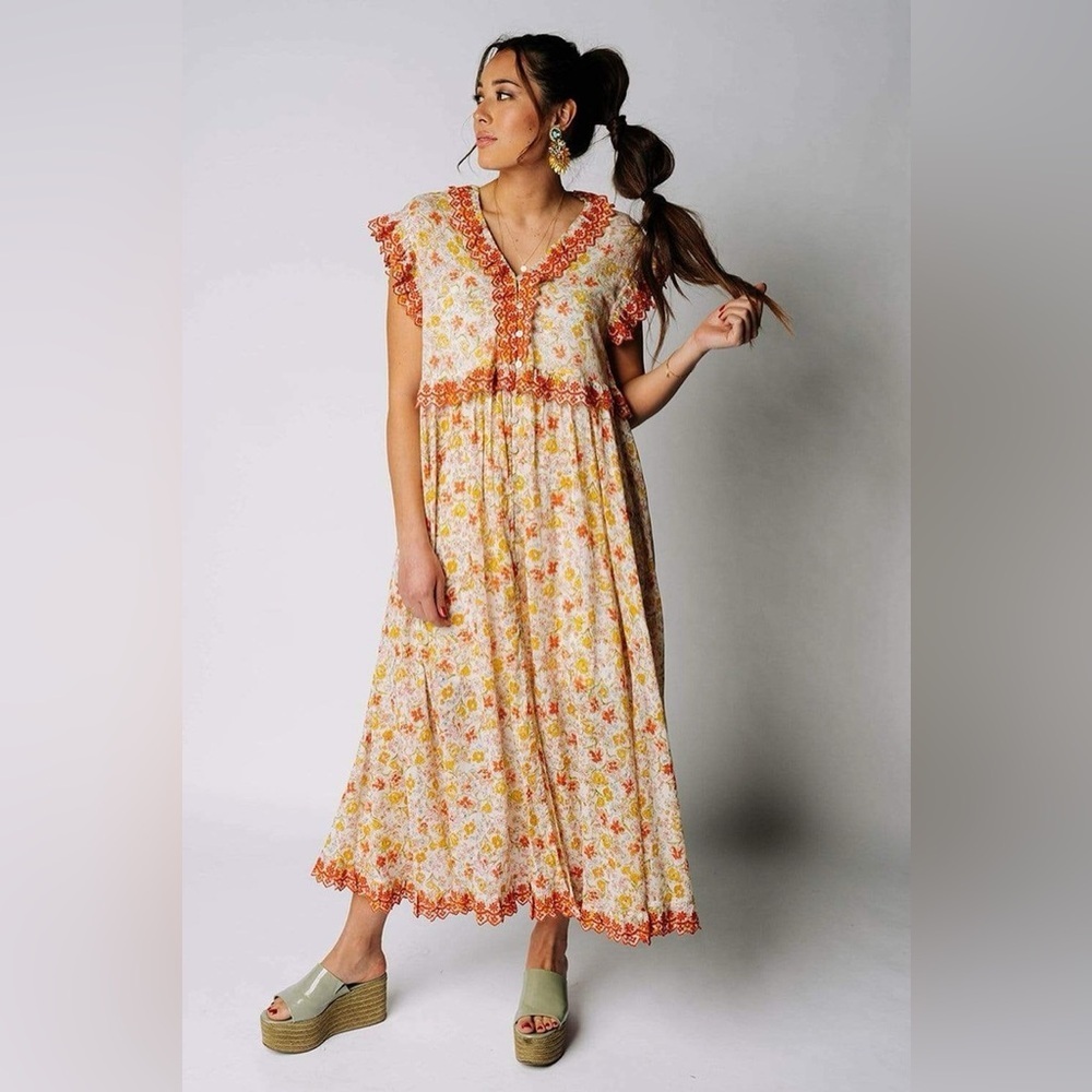 Free People Cream Floral Maxi Dress with Orange Trim